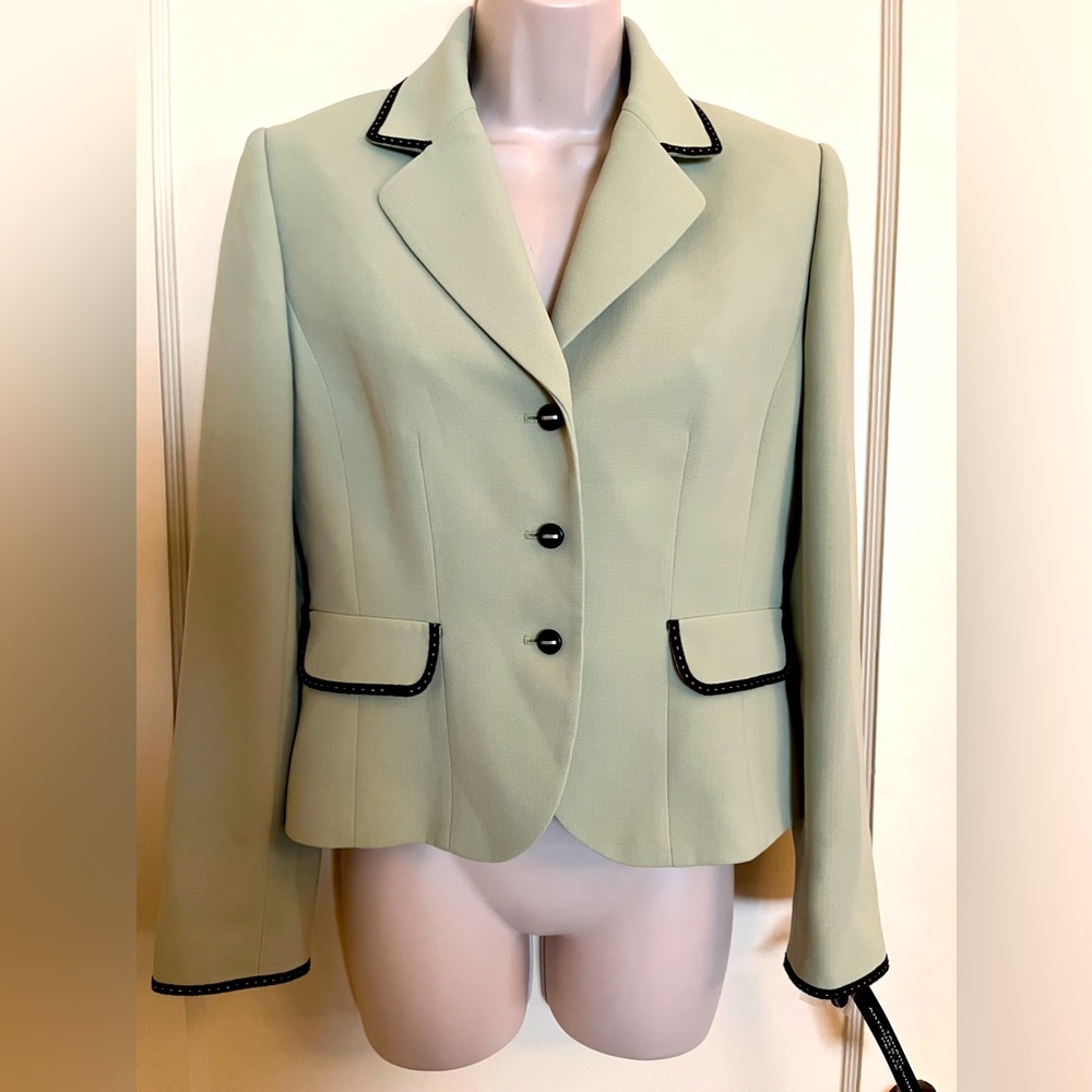 Tahari ASL (Arthur S. Levine) Light Sage Green Jacket with Brown Ribbon Trim NWT